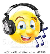 Vector Illustration of a 3d Yellow Male Smiley Emoji Emoticon Face Listening to Music Through Headphones by AtStockIllustration