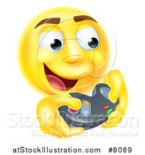 Vector Illustration of a 3d Yellow Male Smiley Emoji Emoticon Face Playing a Video Game by AtStockIllustration