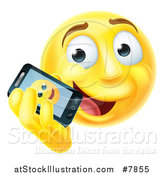 Vector Illustration of a 3d Yellow Male Smiley Emoji Emoticon Face Talking on a Smart Phone by AtStockIllustration