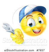 Vector Illustration of a 3d Yellow Male Smiley Emoji Emoticon Plumber or Mechanic Face Holding an Adjustable Wrench by AtStockIllustration