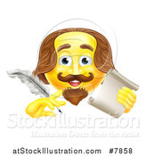 Vector Illustration of a 3d Yellow Shakespeare Smiley Emoji Emoticon Holding a Feather Quill Pen and Scroll by AtStockIllustration