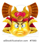 Vector Illustration of a 3d Yellow Smiley Emoji Emoticon Face in a Samurai Warrior Helmet by AtStockIllustration