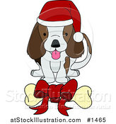 Vector Illustration of a Adorable Brown and White Puppy Dog Wearing a Santa Hat and Wagging Its Tail While Eying a Bone with a Red Bow on It by AtStockIllustration