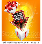 Vector Illustration of a Arrow Shaped Marquee Black Friday Sale Sign over a Christmas Gift Box by AtStockIllustration