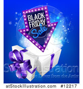 Vector Illustration of a Arrow Shaped Marquee Black Friday Sale Sign over a Christmas Gift Box by AtStockIllustration