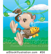 Vector Illustration of a Baby Monkey in a Diaper, Sucking a Pacifier While Carrying a Teddy Bear and Swinging on Vines in a Forest by AtStockIllustration