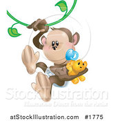 Vector Illustration of a Baby Monkey with a Pacifier and Teddy Bear, Swinging on a Vine by AtStockIllustration