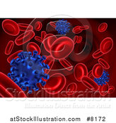 Vector Illustration of a Background of 3d Blue Viruses Attacking Red Blood Cells by AtStockIllustration