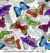 Vector Illustration of a Background of Colorful Butterflies over Grayscale by AtStockIllustration