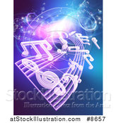 Vector Illustration of a Background of Floating Sheet Music over Blue with Magical Lights by AtStockIllustration