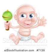 Vector Illustration of a Bald Blue Eyed White Baby Boy Sitting in a Diaper and Shaking a Rattle by AtStockIllustration