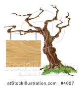 Vector Illustration of a Bare Tree with a Wooden Sign Suspended from a Branch by AtStockIllustration