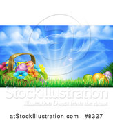 Vector Illustration of a Basket of Easter Eggs and Flowers in Grass, Against a Sunny Sky by AtStockIllustration