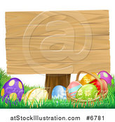 Vector Illustration of a Basket of Easter Eggs in the Grass Under a Blank Wood Sign by AtStockIllustration