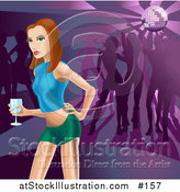 Vector Illustration of a Beautiful Young White Woman Holding an Alcoholic Beverage in a Night Club, People Dancing Under a Disco Ball in the Background by AtStockIllustration