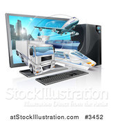 Vector Illustration of a Big Rig Airplane Cargo Ship and Train Emerging from a Desktop Computer by AtStockIllustration