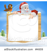 Vector Illustration of a Bird by Santa Pointing down at a Wood Sign in a Winter Landscape by AtStockIllustration