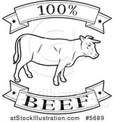 Vector Illustration of a Black and White 100 Percent Beef Food Banners and Cow by AtStockIllustration