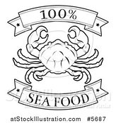 Vector Illustration of a Black and White 100 Percent Seafood Food Banners and Crab by AtStockIllustration