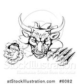 Vector Illustration of a Black and White Aggressive Clawed Bull Breaking Through a Wall by AtStockIllustration