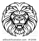 Vector Illustration of a Black and White Aggressive Male Lion Head by AtStockIllustration