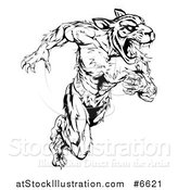 Vector Illustration of a Black and White Angry Fierce Muscular Sprinting Tiger Man Mascot by AtStockIllustration