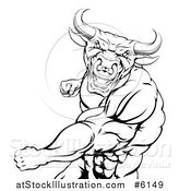 Vector Illustration of a Black and White Angry Muscular Bull or Minotaur Man Mascot Punching by AtStockIllustration