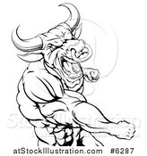 Vector Illustration of a Black and White Angry Muscular Bull or Minotaur Man Mascot Punching by AtStockIllustration