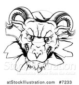 Vector Illustration of a Black and White Angry Snarling Ram Breaking Through a Wall by AtStockIllustration