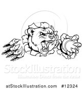 Vector Illustration of a Black and White Bear Mascot Slashing Through a Wall with a Tennis Ball in a Paw by AtStockIllustration