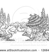 Vector Illustration of a Black and White Big Bad Wolf Blowing down a Straw House by AtStockIllustration