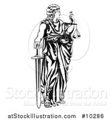 Vector Illustration of a Black and White Blindfolded Lady Justice Holding Scales and a Sword by AtStockIllustration