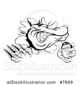 Vector Illustration of a Black and White Cartoon Alligator or Crocodile Monster Slashing Through a Wall by AtStockIllustration