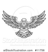 Vector Illustration of a Black and White Cartoon Swooping American Bald Eagle with a Basketball in His Talons by AtStockIllustration