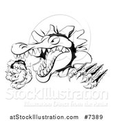 Vector Illustration of a Black and White Cartoon Vicious Alligator or Crocodile Monster Slashing Through a Wall by AtStockIllustration