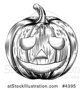 Vector Illustration of a Black and White Carved Halloween Woodcut Jackolantern Pumpkin by AtStockIllustration