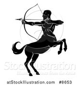 Vector Illustration of a Black and White Centaur Archer, Half Man, Half Horse, Rearing and Aiming to the Left by AtStockIllustration