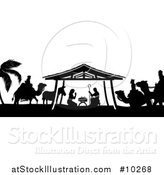 Vector Illustration of a Black and White Christmas Nativity Scene of Baby Jesus, Mary and Joseph in the Manger, with a Donkey and the Magi Wise Men by AtStockIllustration