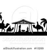 Vector Illustration of a Black and White Christmas Nativity Scene of Baby Jesus, Mary and Joseph in the Manger, with the Magi Wise Men by AtStockIllustration