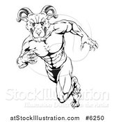 Vector Illustration of a Black and White Clawed Muscular Ram Monster Man Running Upright by AtStockIllustration