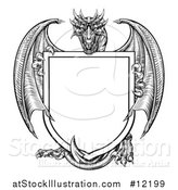 Vector Illustration of a Black and White Dragon Behind a Shield by AtStockIllustration