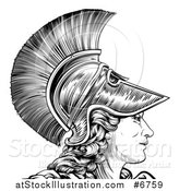Vector Illustration of a Black and White Engraved Greek Warrior Woman Athena, Hera, or Britannia in Profile by AtStockIllustration