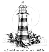 Vector Illustration of a Black and White Engraved Lighthouse at Sea by AtStockIllustration