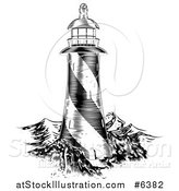Vector Illustration of a Black and White Engraved Lithograph Lighthouse and Waves by AtStockIllustration