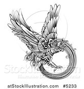 Vector Illustration of a Black and White Engraved Majestic Phoenix Bird Flying by AtStockIllustration