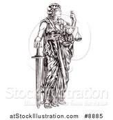 Vector Illustration of a Black and White Engraved or Woodcut Blindfolded Lady Justice Holding Scales and a Sword by AtStockIllustration