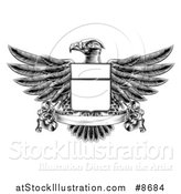 Vector Illustration of a Black and White Engraved or Woodcut Heraldic Coat of Arms American Bald Eagle with a Shield and Blank Banner by AtStockIllustration