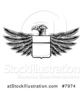 Vector Illustration of a Black and White Engraved or Woodcut Heraldic Coat of Arms American Bald Eagle with a Shield by AtStockIllustration