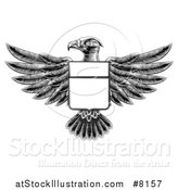 Vector Illustration of a Black and White Engraved or Woodcut Heraldic Coat of Arms American Bald Eagle with a Shield by AtStockIllustration