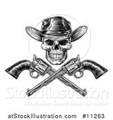 Vector Illustration of a Black and White Engraved or Woodcut Styled Cowboy Skull and Crossed Pistols by AtStockIllustration